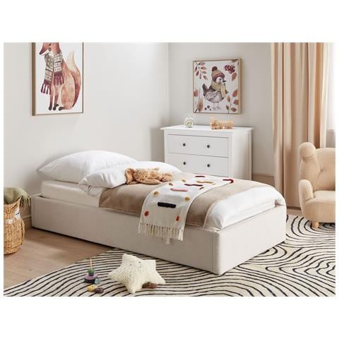 Letto Singolo Contenitore Tessuto Bouclè Bianco Sporco 90 X 200 Cm Dinan - Foto 1