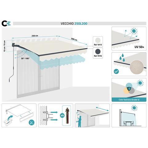 Tenda A Scomparsa Manuale 2,5x2m - - Vecchio - Idrorepellente - Superficie Coperta 5m² - Beige - Anti-uv - Densità 320m² - Foto 7