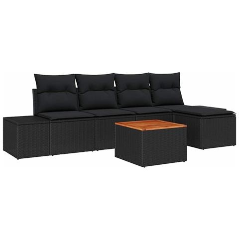 Set di 6 Pezzi Divano Giardino con Cuscini Rattan Polietilene Nero Acacia - Foto 1