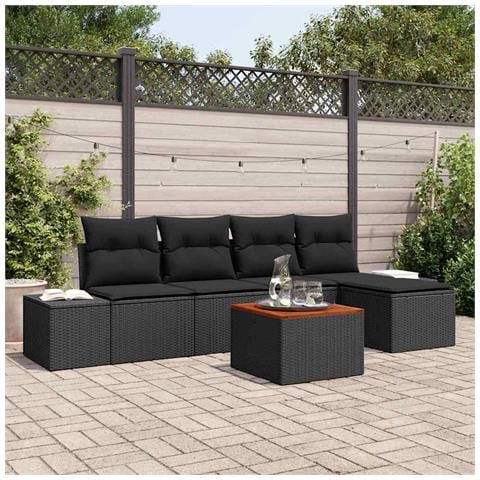 Set di 6 Pezzi Divano Giardino con Cuscini Rattan Polietilene Nero Acacia - Foto 2