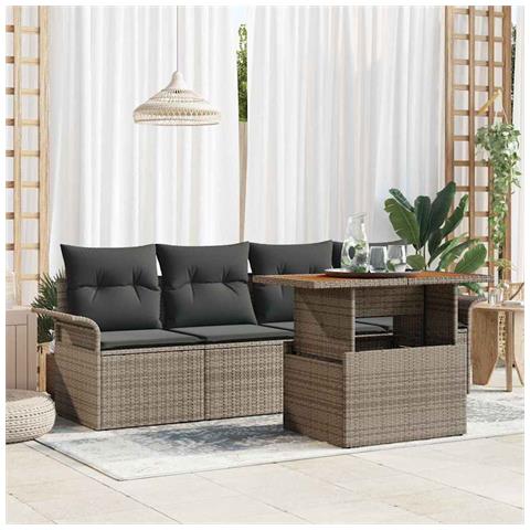 Set di Divani da Giardino 5 Pezzi con Cuscini Grigio in Polyrattan e Acacia - Foto 2
