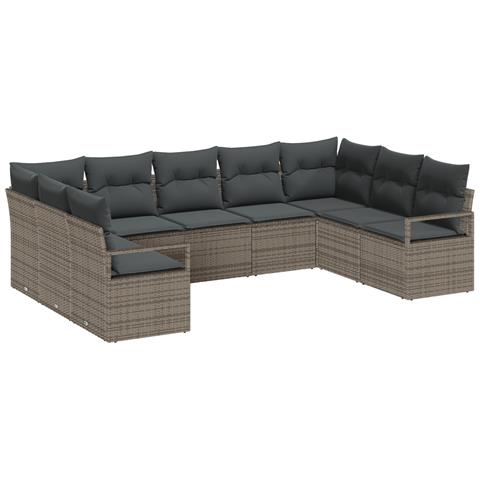 Set da giardino 9 pezzi  con cuscini grigio polyrattan, Divano da giardino a due posti  con cuscini grigio polyrattan - Foto 1