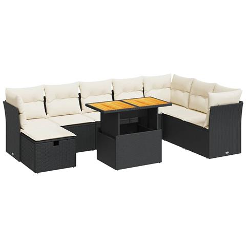 Set Divani da Giardino 9 pz con Cuscini Nero Polyrattan Acacia - Foto 1