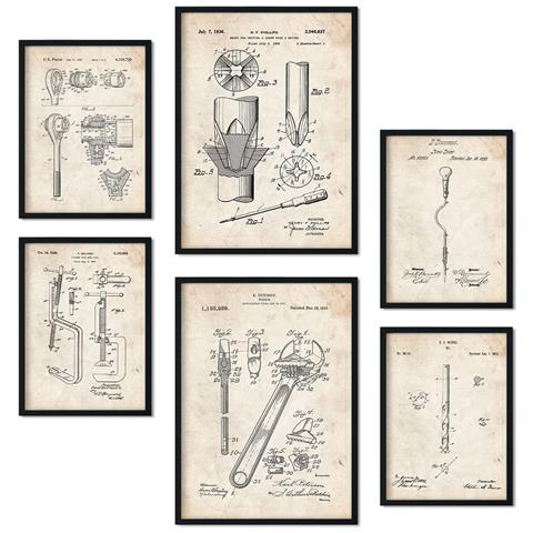 Set Di 6 Stampe Poster Con Attrezzi Da Costruzione 1 Brevetti Poster Con Immagini Di Brevetti Retrò Design D'interni In Stile Vintage A3 & A4 Cornice Nera - Foto 1