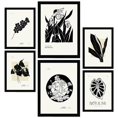 Set Di 6 Stampe Stampe Artistiche In Stile Schizzo Con Inchiostri Tropicali E Inchiostro Nero Per L'interior Design A3 & A4 Cornice Nera - Foto 1