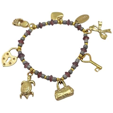 Bracciale Elastico Con Ciondoli Dorati E Resine Nei Toni Del Rosa - Foto 1