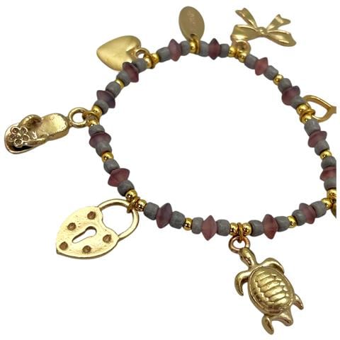 Bracciale Elastico Con Ciondoli Dorati E Resine Nei Toni Del Rosa - Foto 2