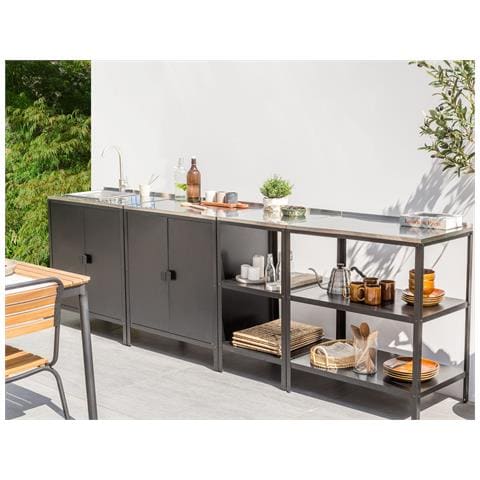 Set Per Cucina Da Esterno Acciaio Nero 2 Armadietti 2 Isole Con Mensole Con Lavello Vilama - Foto 1