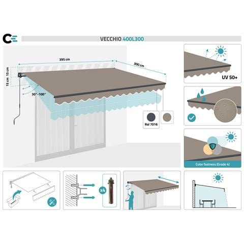 Tenda A Scomparsa Manuale 4 X 3m - - Vecchio - Idrorepellente - Superficie Coperta 5m² - Taupe - Anti-uv - Tessuto Premium 320m² - Densità 320m - Foto 7