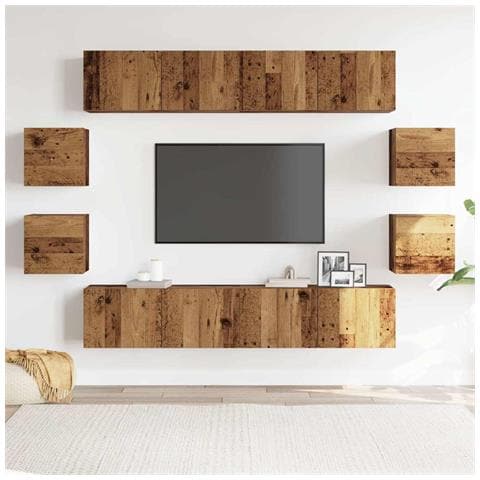 Set Mobile Tv 8 Pz Montato A Parete Legno Antico In Truciolato - Foto 3