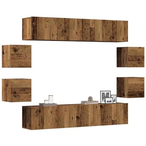 Set Mobile Tv 8 Pz Montato A Parete Legno Antico In Truciolato - Foto 1