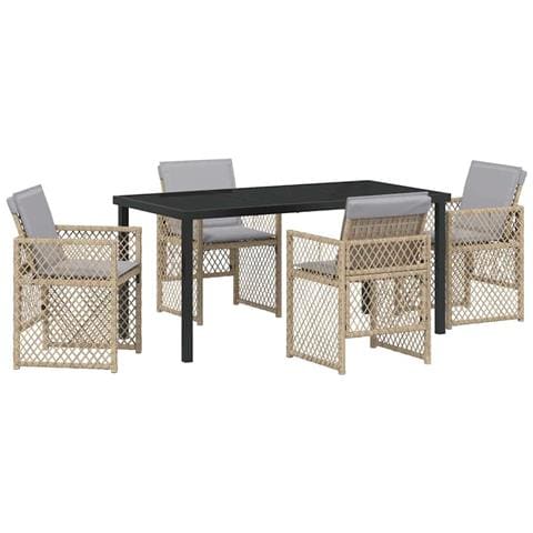 Set da pranzo da giardino con cuscini beige in polyrattan  5 pezzi, Tavolo da giardino nero 160x80x73 cm in vetro temperato - Foto 1