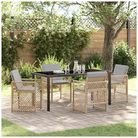 Set da pranzo da giardino con cuscini beige in polyrattan  5 pezzi, Tavolo da giardino nero 160x80x73 cm in vetro temperato - Foto 2