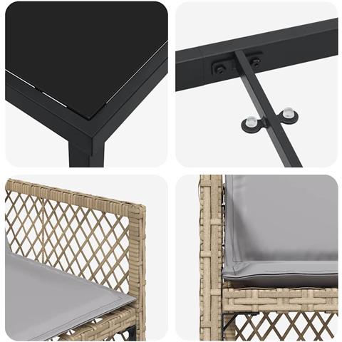 Set da pranzo da giardino con cuscini beige in polyrattan  5 pezzi, Tavolo da giardino nero 160x80x73 cm in vetro temperato - Foto 9