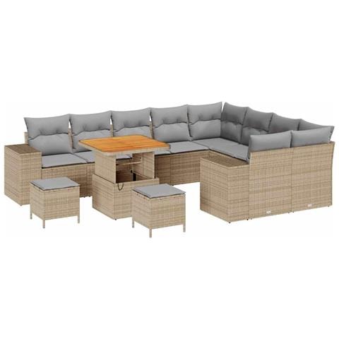 Set Divano da Giardino 12 Pezzi con Cuscini Beige Polyrattan Acacia,  Set Tavolo da Giardino 3 Pezzi con Cuscini Beige Polyrattan Acacia - Foto 1