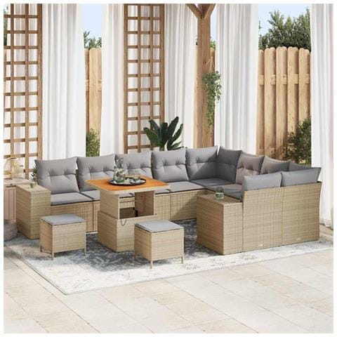 Set Divano da Giardino 12 Pezzi con Cuscini Beige Polyrattan Acacia,  Set Tavolo da Giardino 3 Pezzi con Cuscini Beige Polyrattan Acacia - Foto 2