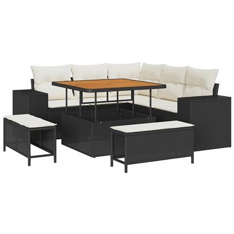 Set Divano da Giardino 8 Pezzi con Cuscini Rattan Nero Acacia, Set da Pranzo da Giardino 3 Pezzi con Cuscini Rattan Nero Acacia - Foto 1