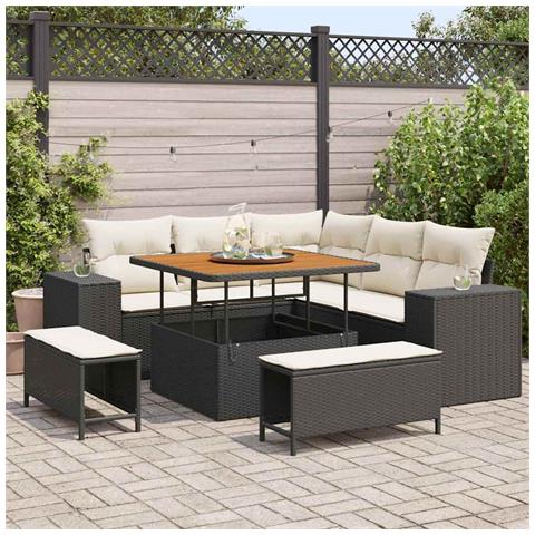 Set Divano da Giardino 8 Pezzi con Cuscini Rattan Nero Acacia, Set da Pranzo da Giardino 3 Pezzi con Cuscini Rattan Nero Acacia - Foto 2