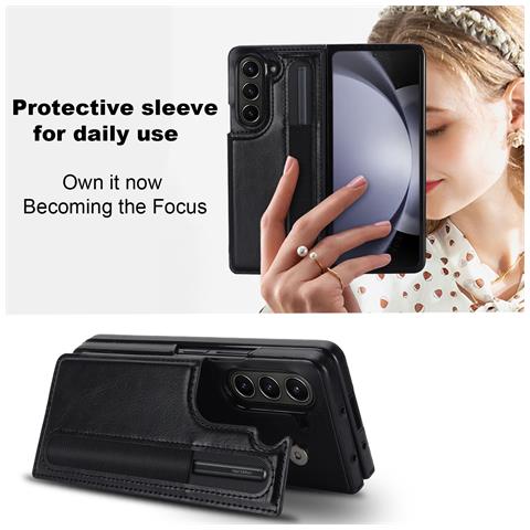 Custodia Pieghevole Con Doppio Cinturino, Porta Penna E Porta Carte Compatibile Con Samsung Z Fold5 - Nera - Foto 2