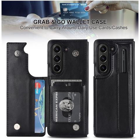 Custodia Pieghevole Con Doppio Cinturino, Porta Penna E Porta Carte Compatibile Con Samsung Z Fold5 - Nera - Foto 6