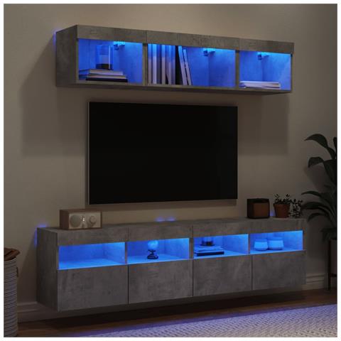 Mobili TV a Muro con LED 5pz Grigio Cemento Legno Multistrato - Foto 2