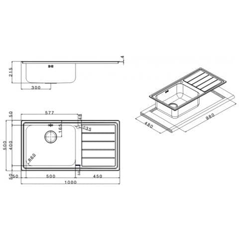 Lavello LNG1001 1 Vasca con Gocciolatoio a Sinistra Dimensioni 86 x 50 cm Colore Spazzolato - Foto 1