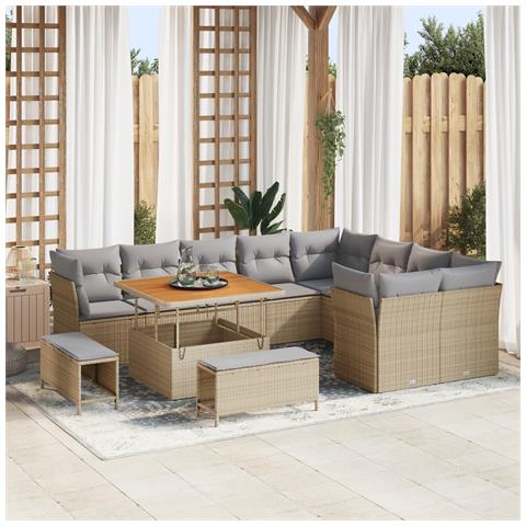 Set Divano da Giardino 12 Pezzi con Cuscini Beige Polyrattan Acacia, Set da Pranzo da Giardino 3 Pezzi con Cuscini Beige Polyrattan Acacia - Foto 2