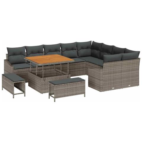 Set Divano Giardino con Cuscini 12 Pezzi Grigio Polyrattan Acacia, Divano Giardino 2 Posti con Ripostiglio e Cuscini Grigio Polyrattan, Set da Pranzo Giardino con Cuscini Grigio Polyrattan Acacia - Foto 1