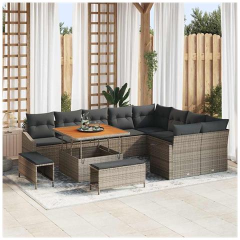 Set Divano Giardino con Cuscini 12 Pezzi Grigio Polyrattan Acacia, Divano Giardino 2 Posti con Ripostiglio e Cuscini Grigio Polyrattan, Set da Pranzo Giardino con Cuscini Grigio Polyrattan Acacia - Foto 2
