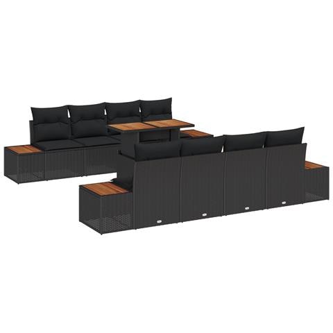 Set da Pranzo da Giardino in 9 Pezzi con Cuscini Nero Rattan Polimero Acacia - Foto 1