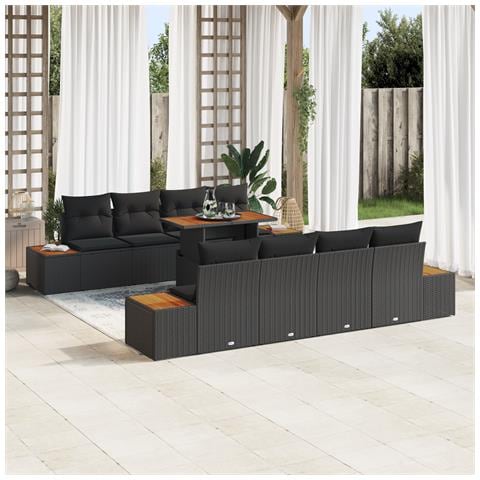 Set da Pranzo da Giardino in 9 Pezzi con Cuscini Nero Rattan Polimero Acacia - Foto 2