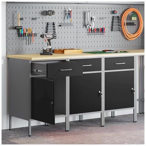 Set di mobili da lavoro  3 pezzi Nero e Grigio in legno ingegnerizzato e acciaio - Foto 2