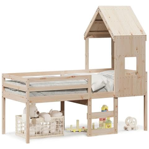 Letto a Soppalco con Tetto 90x200 cm in Legno di Pino - Foto 1