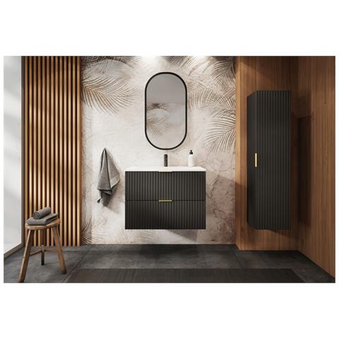Mobile bagno sospeso per lavabo 80 cm con top - FLOW nero con frontale scanalato (soft close) - Foto 1