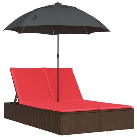 Lettino Prendisole Doppio Cuscini e Parasole Marrone Polyrattan - Foto 1