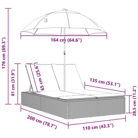 Lettino Prendisole Doppio Cuscini e Parasole Marrone Polyrattan - Foto 9
