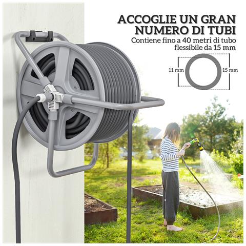 Avvolgitubo da Giardino a Parete e Autoportante per 40m di Tubo con Manovella, Grigio - Foto 2