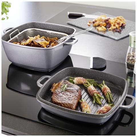 Padella Multiangolo , 28 X 28 Cm, Con Funzione Vapore E Friggitrice, Adatta All'induzione, In Alluminio Fuso, Rivestimento Antiaderente Con Particelle Di Vera Pietra, Grigio - Foto 4