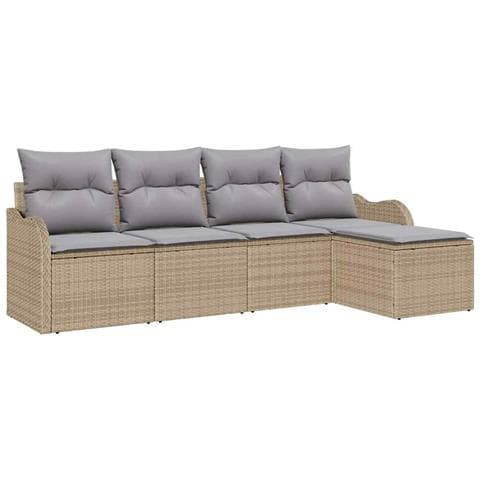 Set di divani da giardino 5 pezzi con cuscini in polirattan beige,  Divano da giardino 2 posti con cuscini in polirattan beige - Foto 1