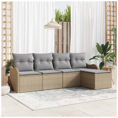 Set di divani da giardino 5 pezzi con cuscini in polirattan beige,  Divano da giardino 2 posti con cuscini in polirattan beige - Foto 2