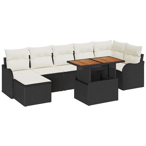 Set divano da giardino 8 pezzi con cuscini Rattan nero e acacia, Divano da giardino a 2 posti con cuscini Rattan nero - Foto 1