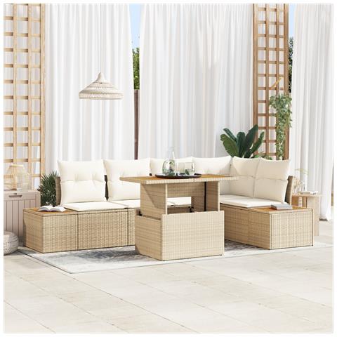 Set da pranzo da giardino 6 pezzi di con cuscini beige in rattan e acacia - Foto 2