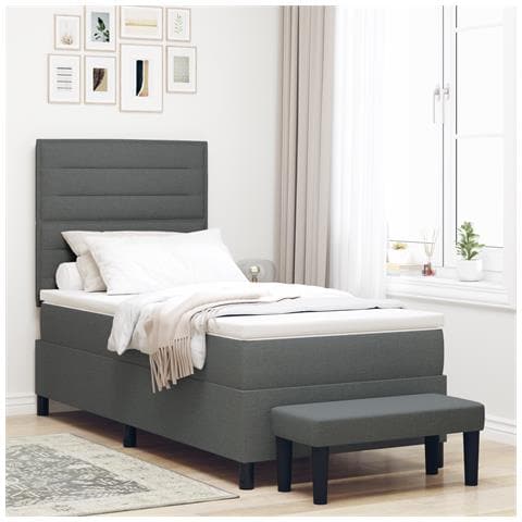 Letto a Molle con Materasso e Panca Grigio Scuro 90x190 cm Tessuto - Foto 2