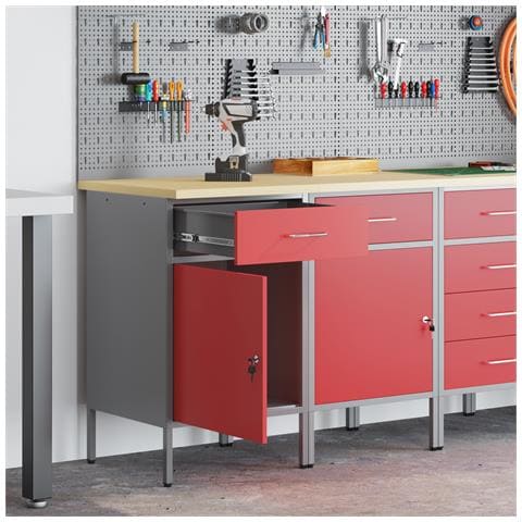 Banco da lavoro  2 pezzi Rosso e Grigio in legno ingegnerizzato e acciaio - Foto 2