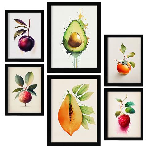 Set Di 6 Stampe Poster Di Frutta Rinfrescante, Verdura E Cibo Sano In Acquerello Su Bianco Puro A3 & A4 Senza Cornice - Foto 1