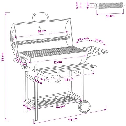 Griglia a Barile con Ruote e Ripiani 3 pz 115 x 85 x 95 cm Nero - Foto 8