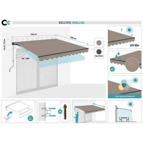 Tenda Manuale Monoblocco 3m X 2,5m - Cazeboo - Vecchio - Retrattile - Taupe - Anti-uv - Superficie Coperta 7,5m² - Densità 320m² - Idrorepellente - Foto 7