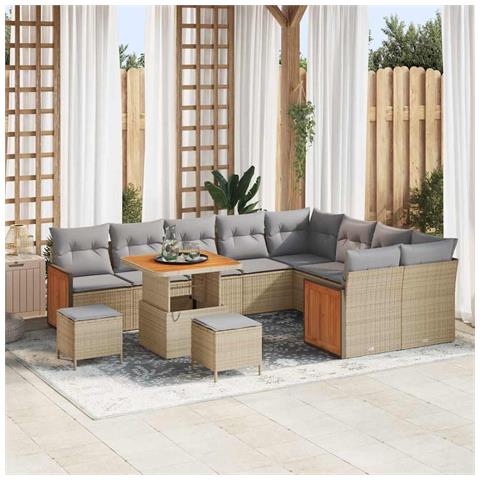 Set Divano da Giardino 12 Pezzi con Cuscini Beige Polyrattan Acacia, Set da Pranzo da Giardino 3 Pezzi con Cuscini Beige Polyrattan Acacia - Foto 2