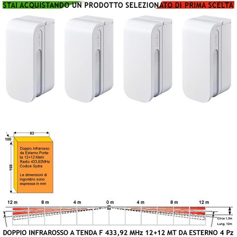 Rilevatore Di Movimento Antifurto 4 Pezzi Sensori Doppia Tenda Esterno Infrarosso 12+12 Metri Lineari Via Radio Fr 433 - Foto 1