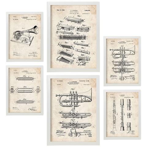 Set Di 6 Stampe Poster Con Brevetti Di Strumenti A Fiato Poster Con Immagini Di Brevetti Retrò Design D'interni In Stile Vintage A3 & A4 Cornice Bianca - Foto 1
